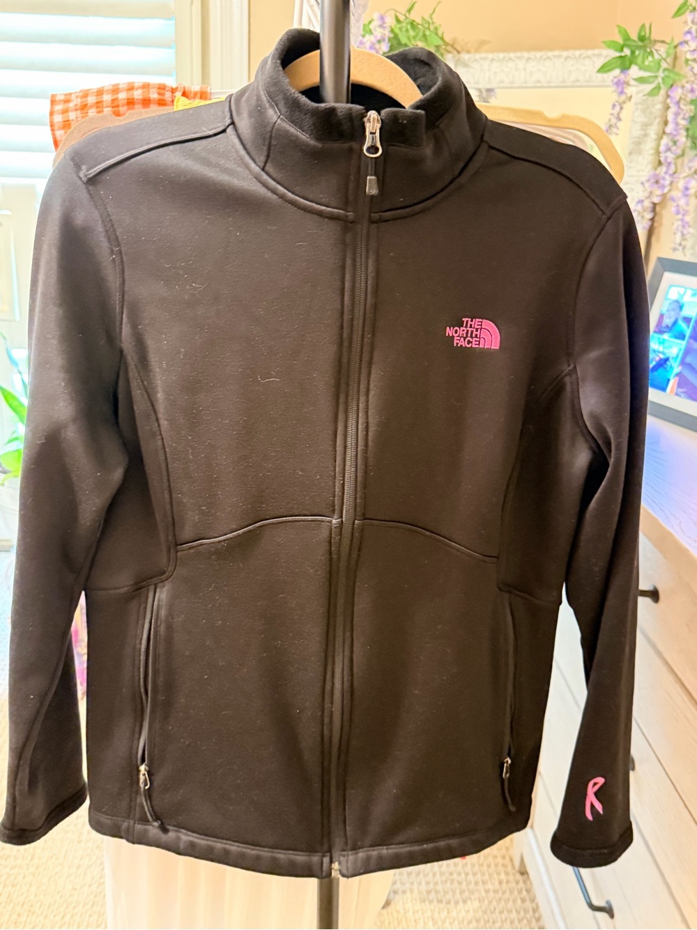 The North Face Black Fleece Jacket with Pink Logo